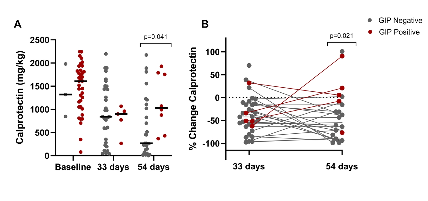 Individual value plots of calprotectin concentration (A) and % change calprotectin from baseline (B) at 33 and 54 days of exclusive enteral nutrition stratified by negative and positive faecal gluten immunogenic peptide (GIP). Black bars represent the median.